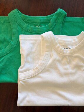 LOFT Ribbed High Neck Tank Tops Green White 2-Pack Medium